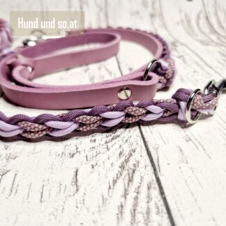 Hundeleine Halsband Set Paracord-Leder Flieder