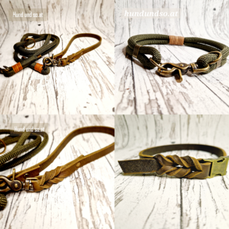 Hundeleine Halsband Set Seil Leder Army olive