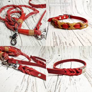 Hundeleine Halsband Set Leder-Seil Tomato